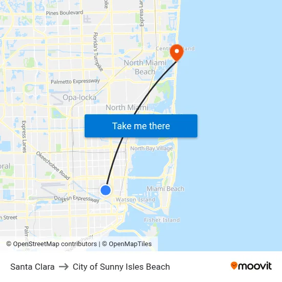 Santa Clara to City of Sunny Isles Beach map