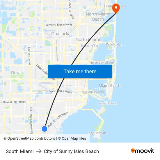 South Miami to City of Sunny Isles Beach map