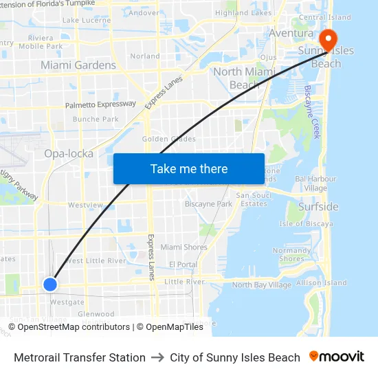 Metrorail Transfer Station to City of Sunny Isles Beach map