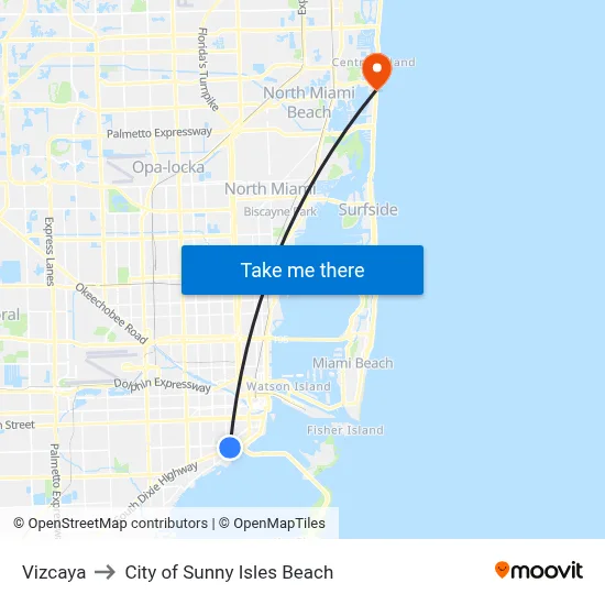 Vizcaya to City of Sunny Isles Beach map