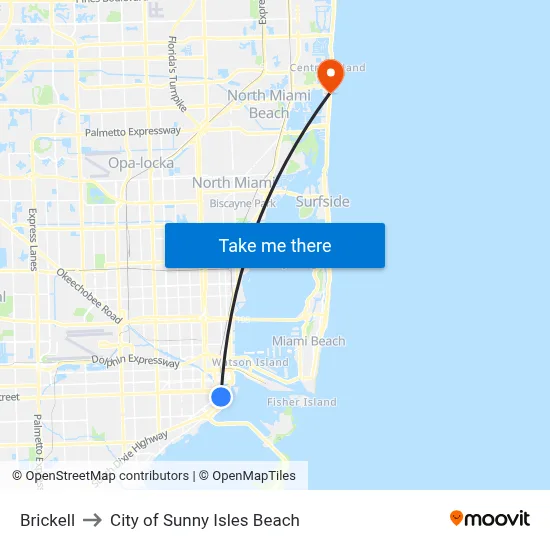Brickell to City of Sunny Isles Beach map