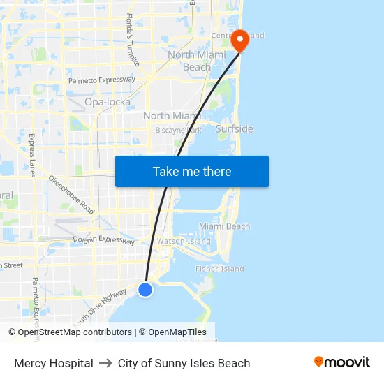Mercy Hospital to City of Sunny Isles Beach map