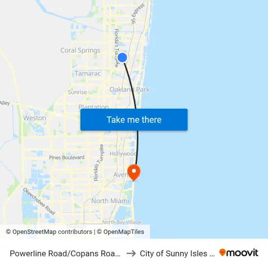 Powerline Road/Copans Road (North) to City of Sunny Isles Beach map