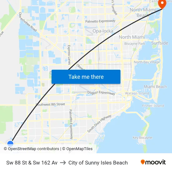 Sw 88 St & Sw 162 Av to City of Sunny Isles Beach map