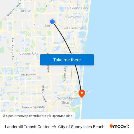 Lauderhill Transit Center to City of Sunny Isles Beach map