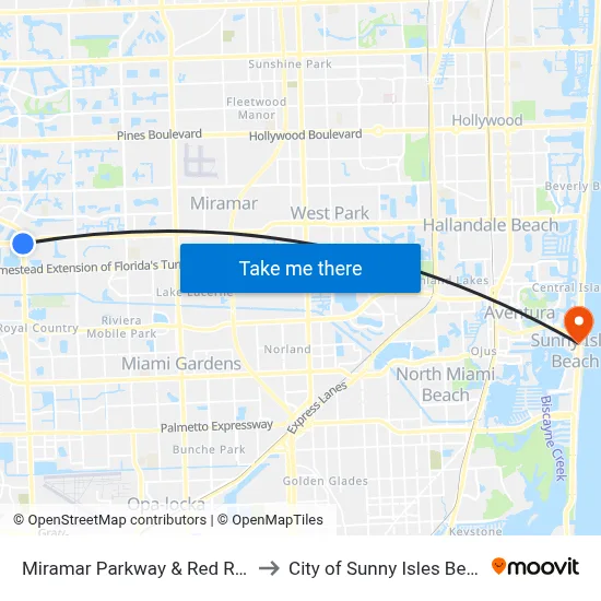 Miramar Parkway & Red Road to City of Sunny Isles Beach map