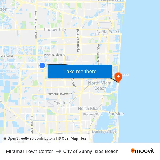 Miramar Town Center to City of Sunny Isles Beach map