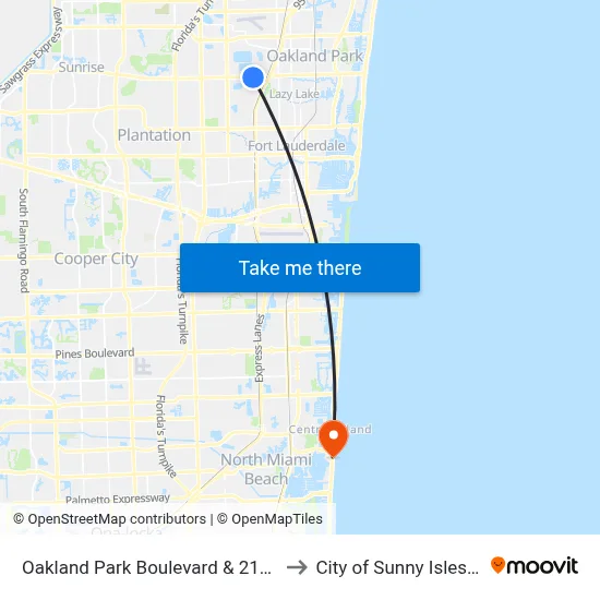 Oakland Park Boulevard & 21st Avenue to City of Sunny Isles Beach map