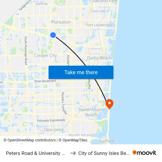 Peters Road & University Drive to City of Sunny Isles Beach map
