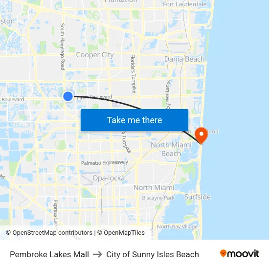 Pembroke Lakes Mall to City of Sunny Isles Beach map