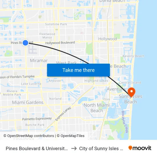 Pines Boulevard & University Drive to City of Sunny Isles Beach map
