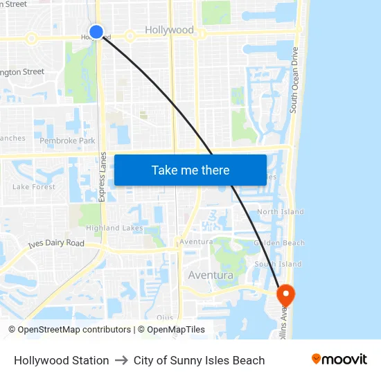 Hollywood Station to City of Sunny Isles Beach map