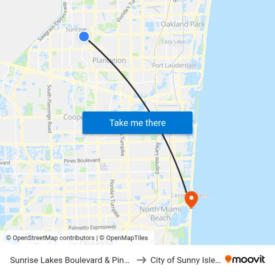 Sunrise Lakes Boulevard & Pine Island Road to City of Sunny Isles Beach map