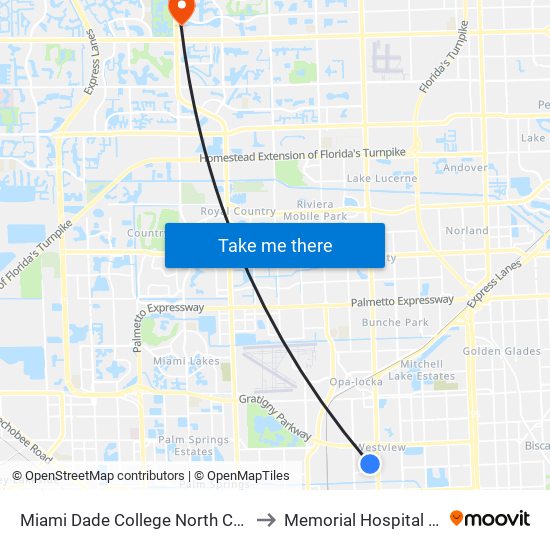 Miami Dade College North Campus to Memorial Hospital West map