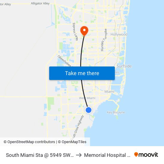 South Miami Sta @ 5949 SW 72 St to Memorial Hospital West map