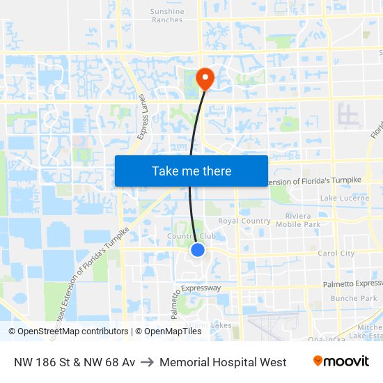 NW 186 St & NW 68 Av to Memorial Hospital West map