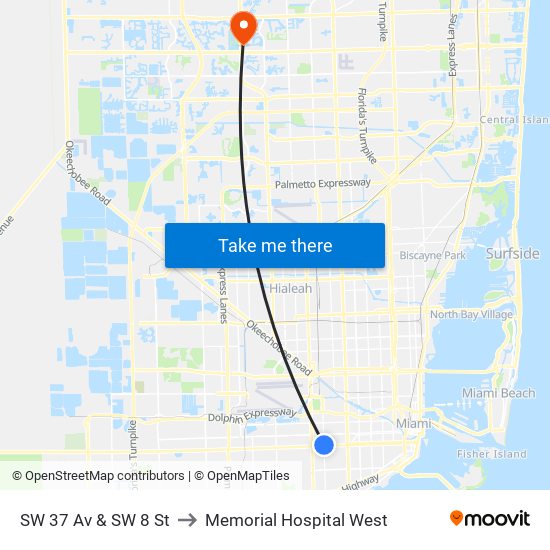 SW 37 Av & SW 8 St to Memorial Hospital West map