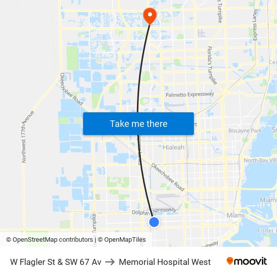 W Flagler St & SW 67 Av to Memorial Hospital West map