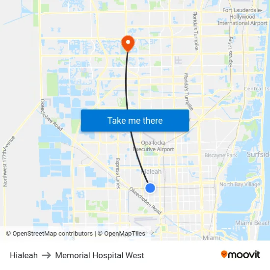 Hialeah to Memorial Hospital West map