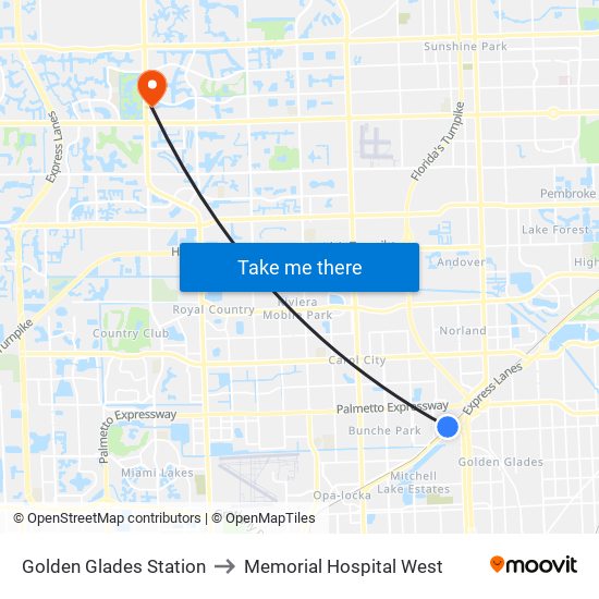 Golden Glades Station to Memorial Hospital West map