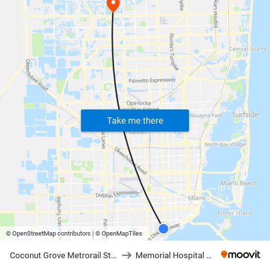 Coconut Grove Metrorail Station to Memorial Hospital West map