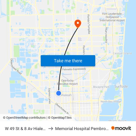 W 49 St & 8 Av Hialeah to Memorial Hospital Pembroke map