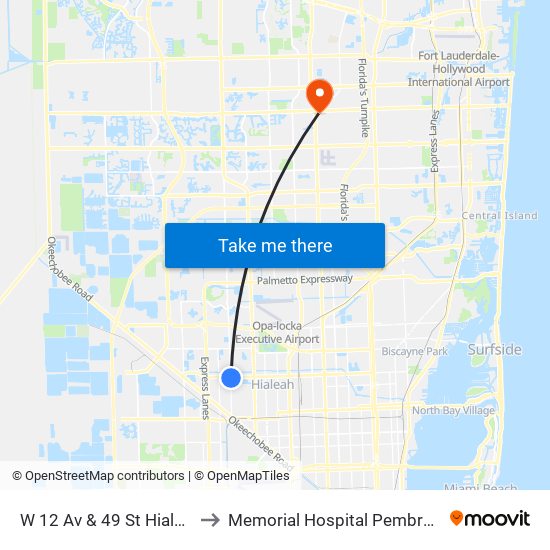 W 12 Av & 49 St Hialeah to Memorial Hospital Pembroke map