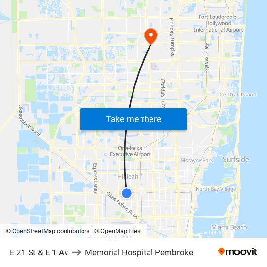 E 21 St & E 1 Av to Memorial Hospital Pembroke map