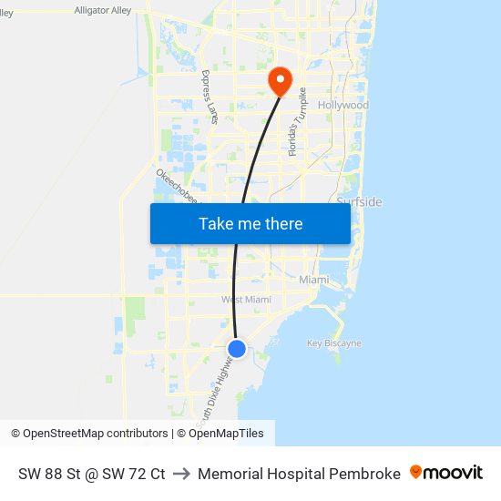 SW 88 St @ SW 72 Ct to Memorial Hospital Pembroke map