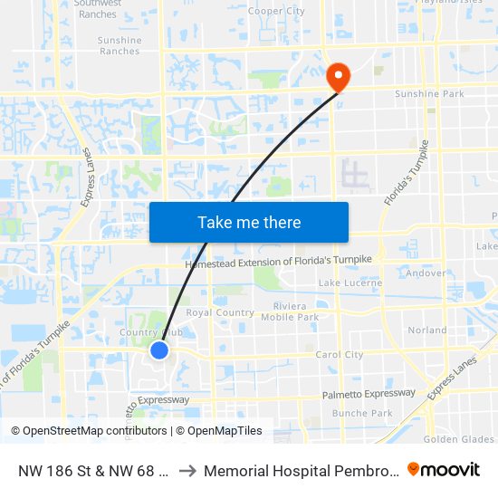 NW 186 St & NW 68 Av to Memorial Hospital Pembroke map