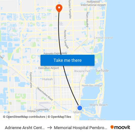 Adrienne Arsht Center to Memorial Hospital Pembroke map