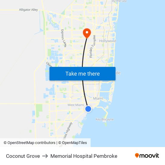 Coconut Grove to Memorial Hospital Pembroke map