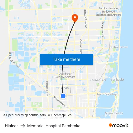 Hialeah to Memorial Hospital Pembroke map
