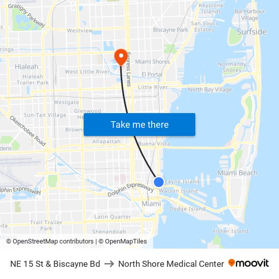 NE 15 St & Biscayne Bd to North Shore Medical Center map
