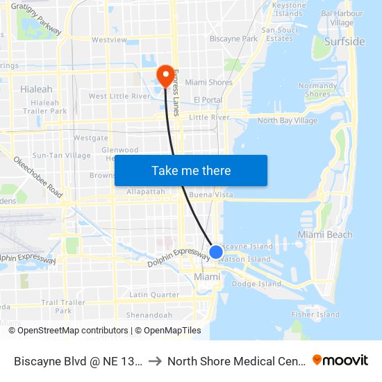Biscayne Blvd @ NE 13 St to North Shore Medical Center map