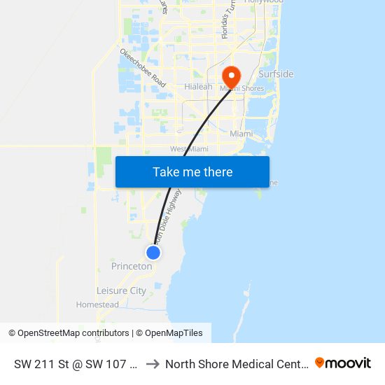 SW 211 St @ SW 107 Av to North Shore Medical Center map