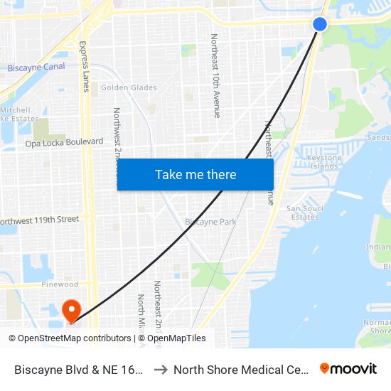Biscayne Blvd & NE 163 St to North Shore Medical Center map