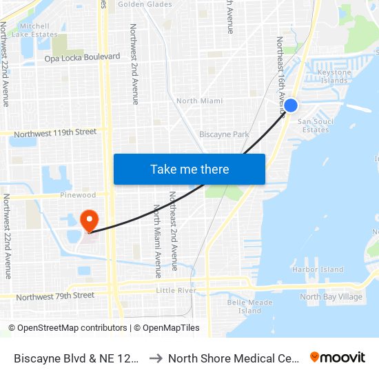 Biscayne Blvd & NE 123 St to North Shore Medical Center map