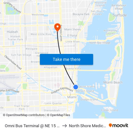 Omni Bus Terminal @ NE 15 St/Biscayne to North Shore Medical Center map