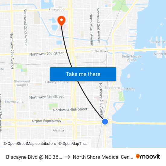 Biscayne Blvd @ NE 36 St to North Shore Medical Center map