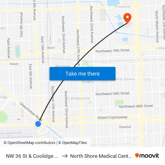 NW 36 St & Coolidge Dr to North Shore Medical Center map