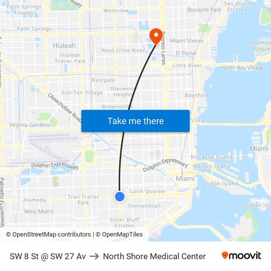 SW 8 St @ SW 27 Av to North Shore Medical Center map