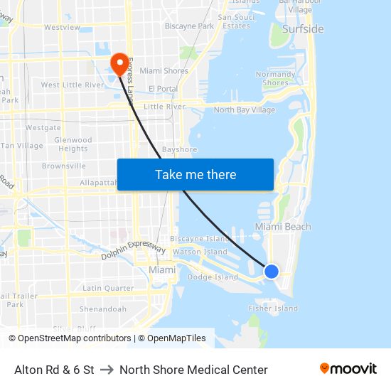 Alton Rd & 6 St to North Shore Medical Center map