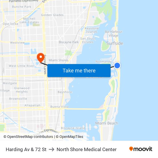 Harding Av & 72 St to North Shore Medical Center map