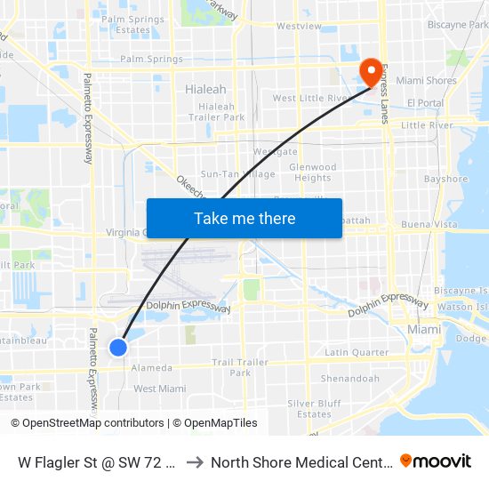 W Flagler St @ SW 72 Av to North Shore Medical Center map