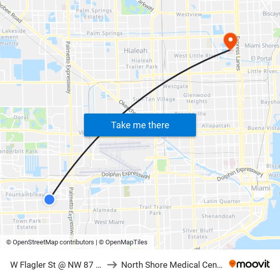 W Flagler St @ NW 87 Av to North Shore Medical Center map