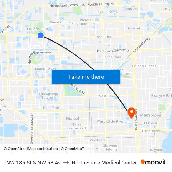 NW 186 St & NW 68 Av to North Shore Medical Center map