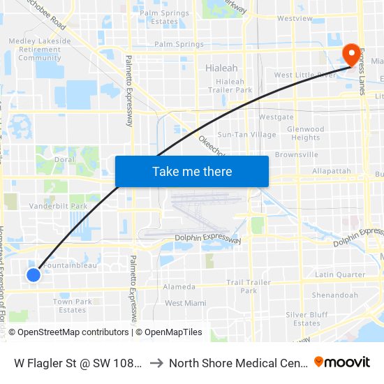 W Flagler St @ SW 108 Av to North Shore Medical Center map