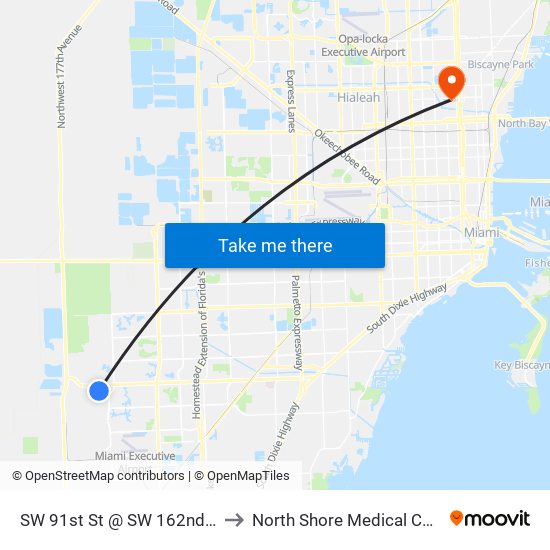 SW 91st St @ SW 162nd Ave to North Shore Medical Center map