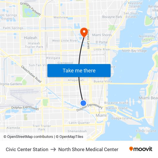 Civic Center Station to North Shore Medical Center map